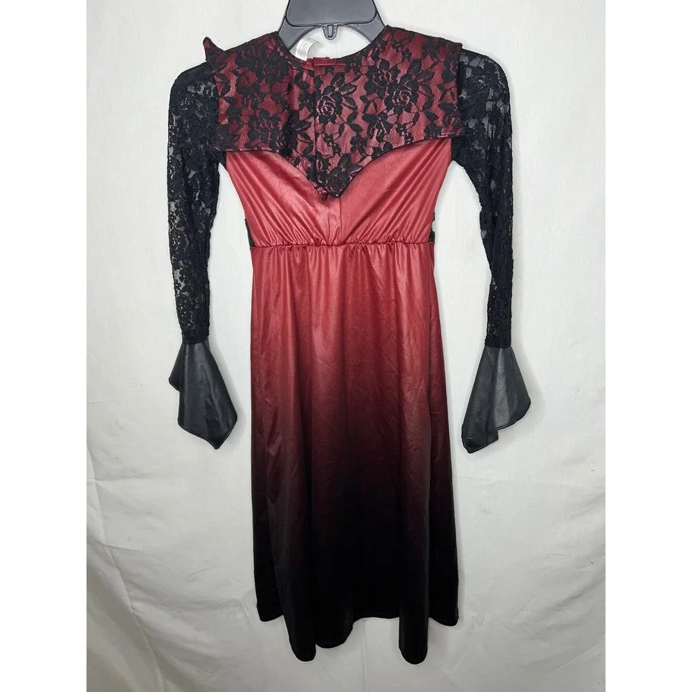 Girls Vampire Costume Dress Red Black Ombre Lace Studded Goth Halloween‎ Sm 4-6